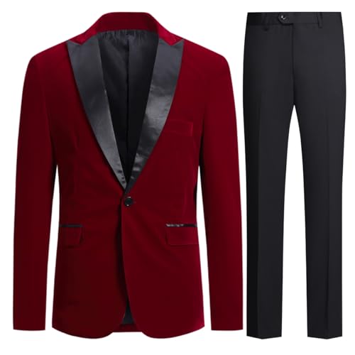 Allthemen Herren Anzug 2 Teilig Samt Herrenanzug Regular Fit Party Smoking Anzug Hochzeit Weinrot 3XL von Allthemen