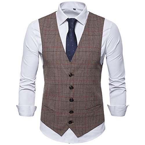 Allthemen Anzugweste Herren Kariert Weste Anzug V-Ausschnitt Slim Fit Anzug Herrenweste Gilet für Business Hochzeit Freizeit #9700 Kaffee L von Allthemen