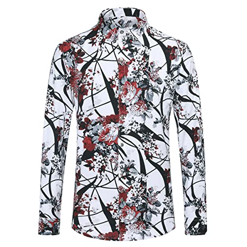 Allthemen Blumen Hemden Herren Bunte Hemden Langarmhemd Muster Freizeitshemd Langarm Casual Shirt Rot XL von Allthemen