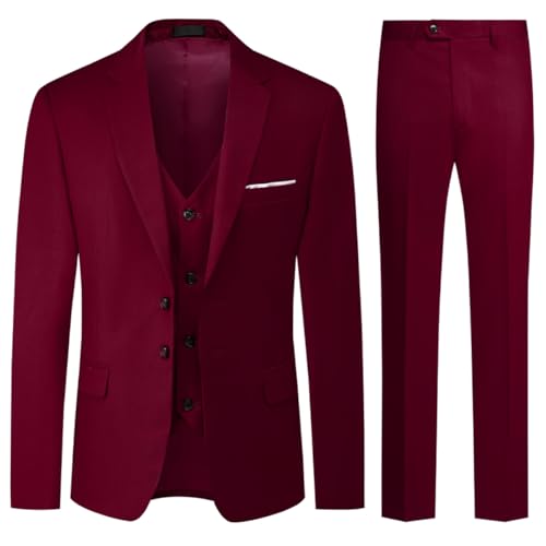 Allthemen Herren Anzug 3-Teilig Slim Einreihig Zwei Knöpfe Hochzeit Smoking Anzug Blazer Weste Hose Weinrot 3XL von Allthemen