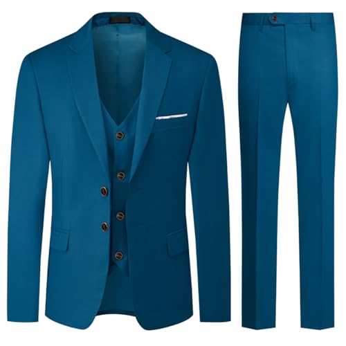 Allthemen Herren Anzug 3-Teilig Slim Fit Einreihig Zwei Knöpfe Hochzeit Smoking Anzug Blazer Weste Hose Blau XXL von Allthemen