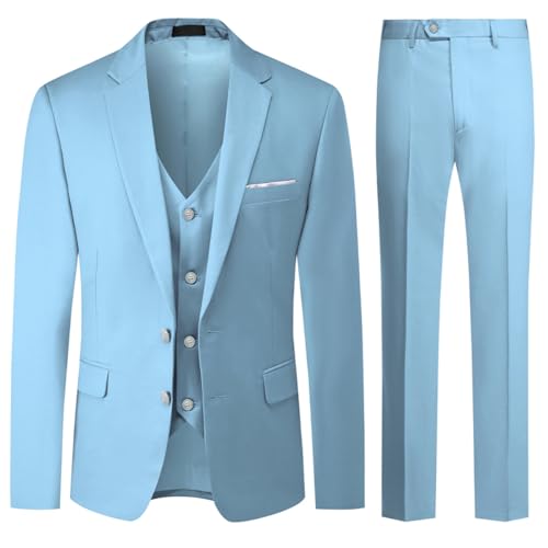 Allthemen Herren Anzug 3-Teilig Slim Fit Einreihig Zwei Knöpfe Hochzeit Smoking Anzug Blazer Weste Hose Hellblau1 3XL von Allthemen