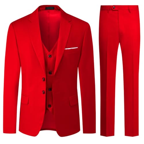 Allthemen Herren Anzug 3-Teilig Slim Fit Einreihig Zwei Knöpfe Hochzeit Smoking Anzug Blazer Weste Hose Rot XXL von Allthemen