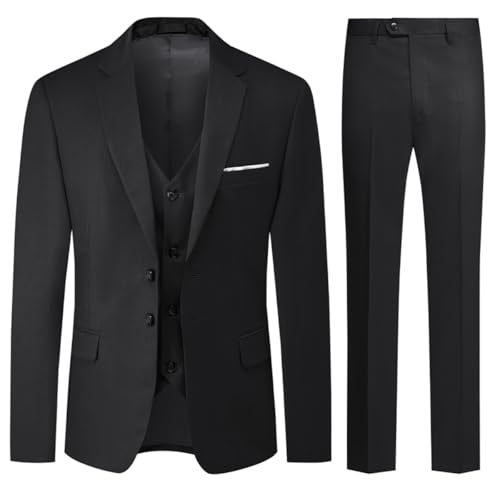 Allthemen Herren Anzug 3-Teilig Slim Fit Einreihig Zwei Knöpfe Hochzeit Smoking Anzug Blazer Weste Hose Schwarz 3XL von Allthemen