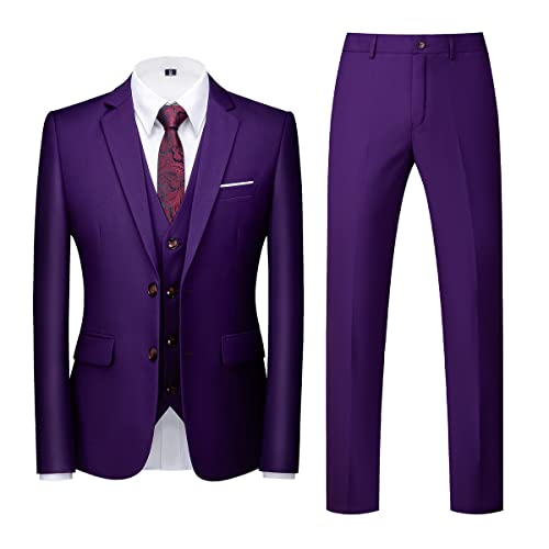 Allthemen Herren Anzug 3-teilig Slim Fit Einreihig Zwei Knöpfe Hochzeit Smoking Anzug Blazer Weste Hose Violett L von Allthemen