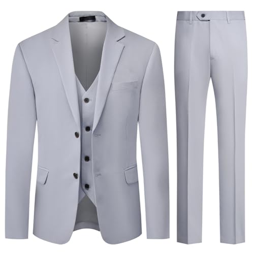 Allthemen Herren Anzug Stretch Slim Fit 3 Teilig Hochzeitsanzug Komplett Anzüge 2-Knopf Business Hellgrau XXL von Allthemen