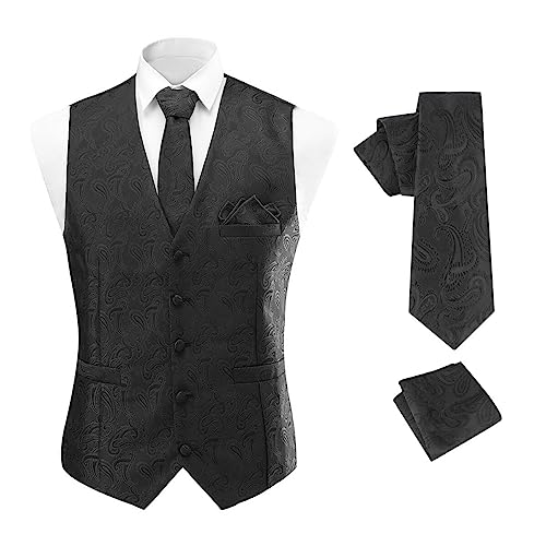 Allthemen Herren Anzugweste Paisley Jacquard Weste Krawatte Einstecktuch Anzug Weste Set für Hochzeit Schwarz S von Allthemen