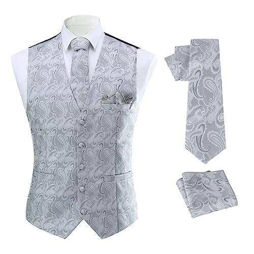 Allthemen Herren Anzugweste Paisley Jacquard Weste Krawatte Einstecktuch Anzug Weste Set für Hochzeit Silber & Grau L von Allthemen