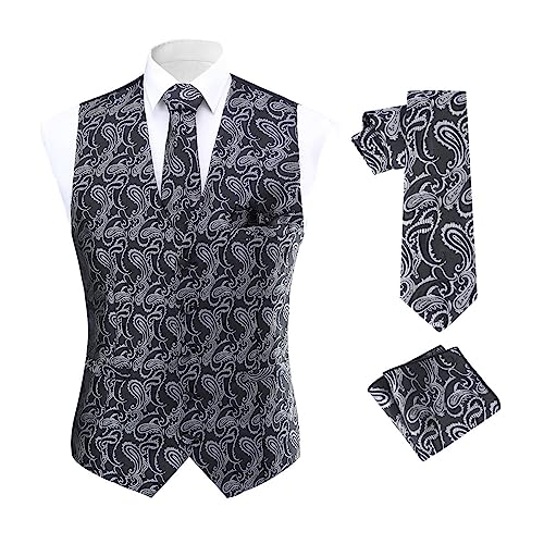 Allthemen Herren Anzugweste Paisley Jacquard Weste Krawatte Einstecktuch Anzug Weste Set für Hochzeit Silber & Schwarz M von Allthemen