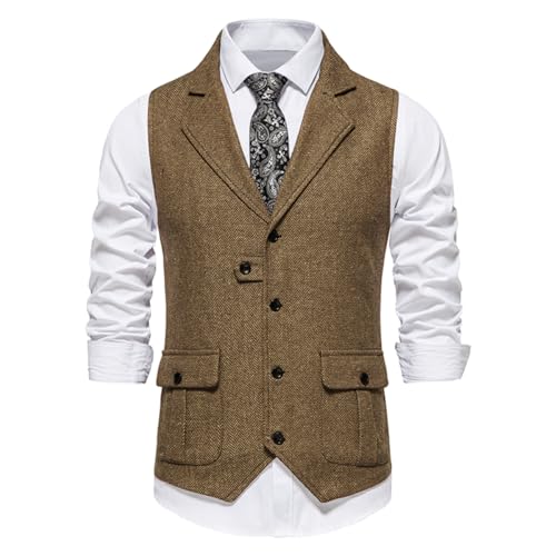 Allthemen Herren Anzugweste Tweed Revers Westen Formale Business Ärmellose Vest für Hochzeit Party Khaki M von Allthemen