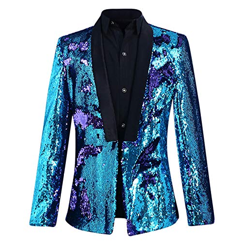 Allthemen Herren Blitzende Smokingjacke Glitzer Pailletten Sakkos mit Schalkragen Blau+Violett XL von Allthemen