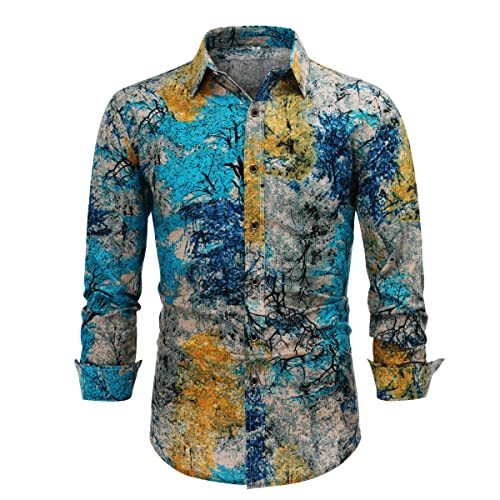 Allthemen Herren Blumen Hemden Leinen Bunte Hemd Langarmhemd Muster Paisley Freizeitshemd Langarm Casual Shirt Farbe 12 M von Allthemen