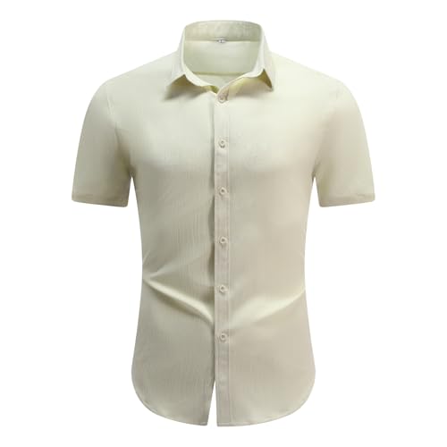 Allthemen Herren Hemd Kurzarm Sommerhemd Regular Fit Leinenhemd Button Down Leinen Shirt Business Beige S von Allthemen