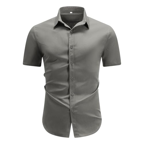 Allthemen Herren Hemd Kurzarm Sommerhemd Regular Fit Leinenhemd Button Down Leinen Shirt Business Grau XXL von Allthemen
