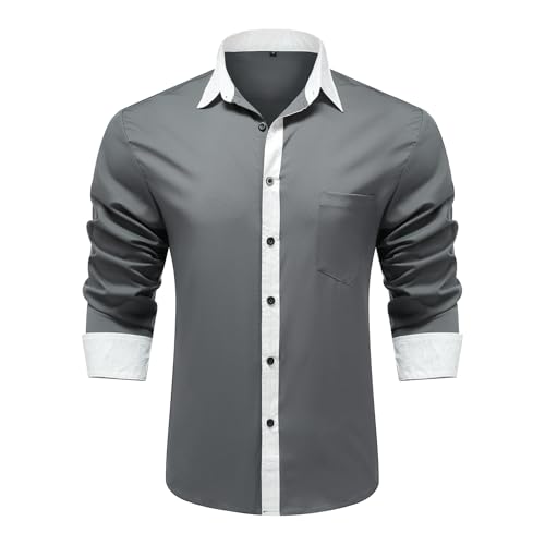 Allthemen Herren Hemd Langarm Kontrast Hemden Regular Fit Business Anzughemd Modern Businesshemd Hochzeit Grau M von Allthemen