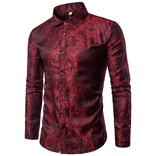 Allthemen Herren Paisley Hemd Langarm Jacquard Hemd für Männer Regular Fit Stickerei Freizeithemd Weinrot 3XL #30 Weinrot 3XL von Allthemen