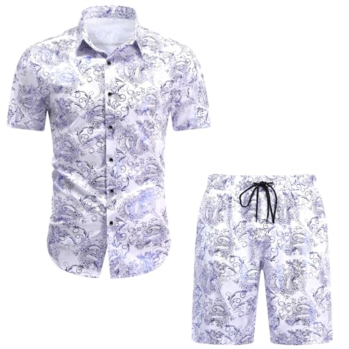 Allthemen Herren Hemd Zweiteilig Kurzarm Sommerhemd Button Down Jacquard Hawaiihemd Blumenmuster Hemd und Shorts Set Weiß XXL von Allthemen