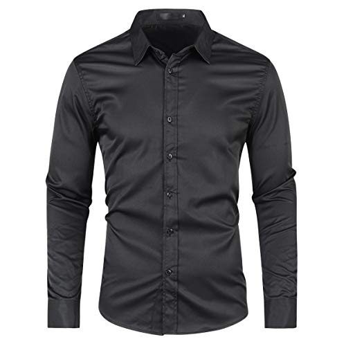 Allthemen Herren Hemd aus Bambusfaser umweltfreudlich Elastisch Slim Fit Freizeit Business Hochzeit Hemd Langarm Schwarz XL von Allthemen