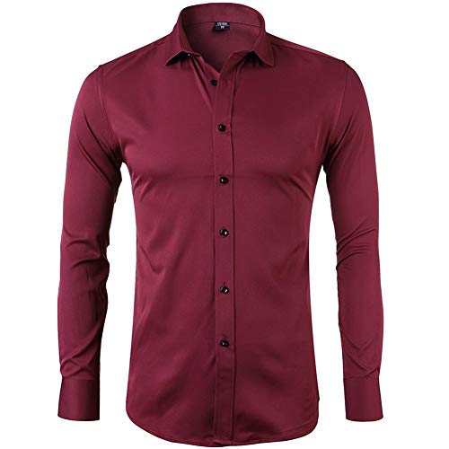 Allthemen Herren Hemd aus Bambusfaser umweltfreudlich Elastisch Slim Fit Freizeit Business Hochzeit Hemd Langarm Weinrot XXL von Allthemen