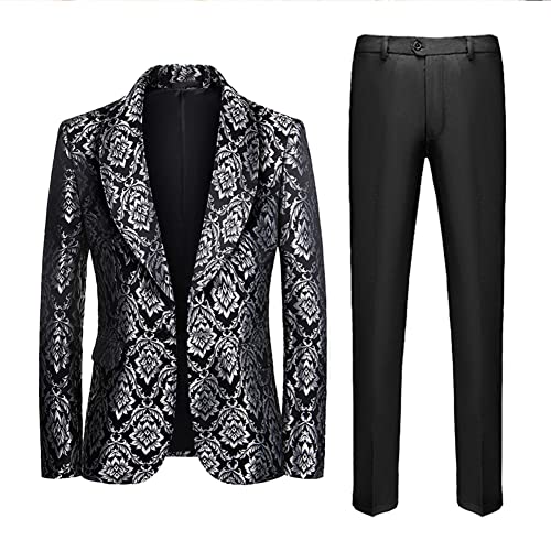 Allthemen Herren Jacquard Anzug 2 Teilig Slim Fit Pailletten Smokings mit Schalkragen Anzüge für Hochzeit Party #2022 Silber XL von Allthemen