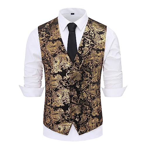 Allthemen Weste Herren Westen Gilet Jacquard Anzugweste für Hochzeit und Party Gold L von Allthemen