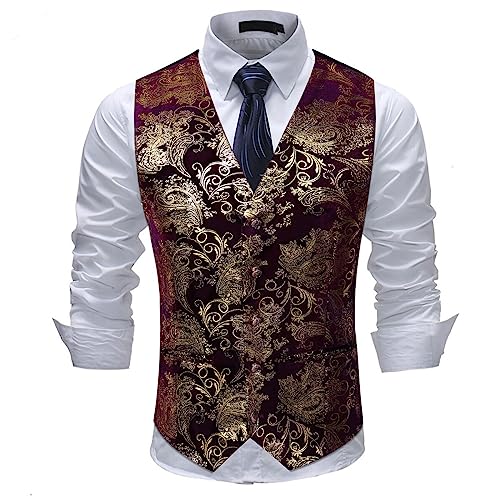Allthemen Weste Herren Westen Gilet Jacquard Anzugweste für Hochzeit und Party Weinrot XS von Allthemen
