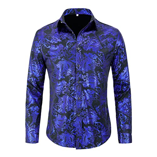 Allthemen Herren Jacquard Hemd Langarm Satin Freizeithemd Paisley Herrenhemd für Party Hochzeit Blau XXL von Allthemen