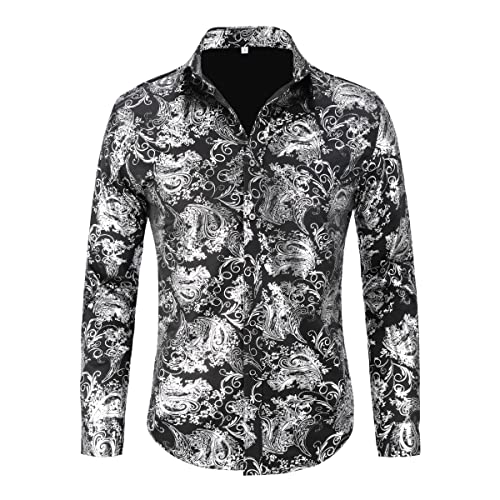 Allthemen Herren Jacquard Hemd Langarm Satin Freizeithemd Paisley Herrenhemd für Party Hochzeit Silber 3XL von Allthemen