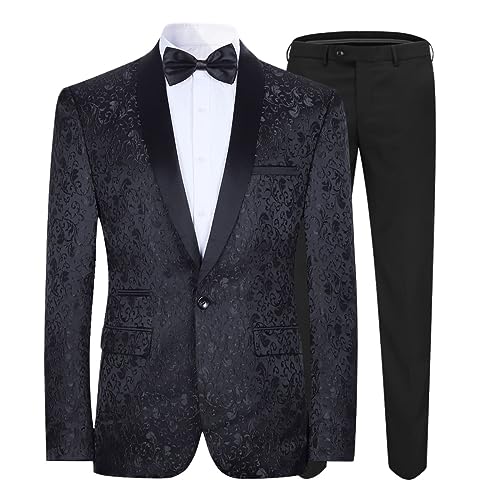 Allthemen Herren Jacquard Smoking Anzug Slim Fit 2 Teilig Anzüge Hochzeit Party Abschluss Schwarz XL von Allthemen