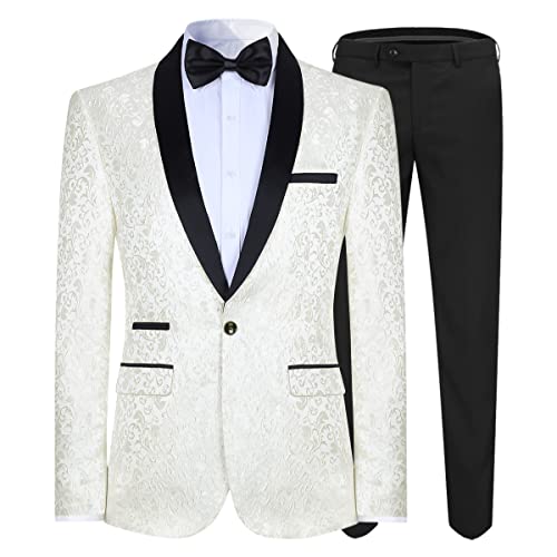 Allthemen Herren Jacquard Smoking Anzug Slim Fit 2 Teilig Anzüge für Hochzeit Party Abschluss Weiß M von Allthemen