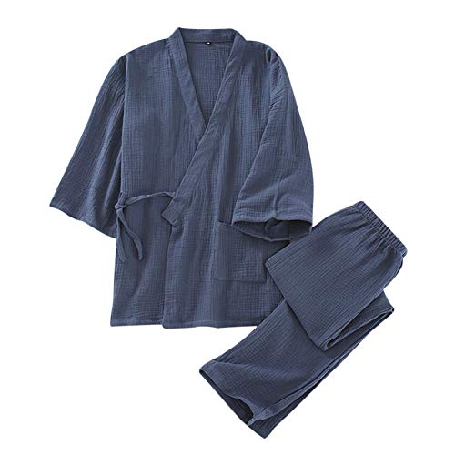 Allthemen Herren Kimono Japanische Yukata Pyjama Robe Morgenmantel Hausanzug aus Baumwolle Bademantel #026 Grau-Blau L von Allthemen