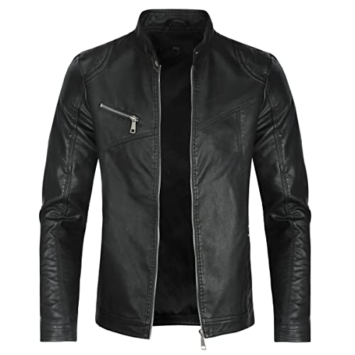 Allthemen Herren Lederjacke mit Stehkragen Übergangsjacke Leder Schwarz Bomberjacke für Freizeit #08 Schwarz S von Allthemen