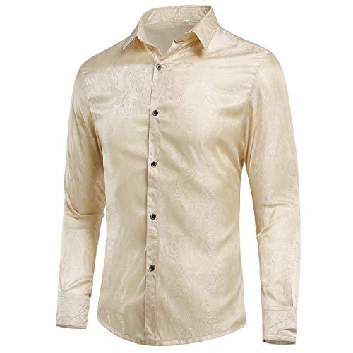 Allthemen Herren Paisley Hemd Langarm Jacquard Hemd für Männer Regular Fit Stickerei Freizeithemd Beige XXL #30 Beige XXL von Allthemen