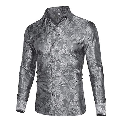 Allthemen Herren Paisley Hemd Langarm Jacquard Hemd für Männer Regular Fit Stickerei Freizeithemd Grau XXL #30 Grau XXL von Allthemen