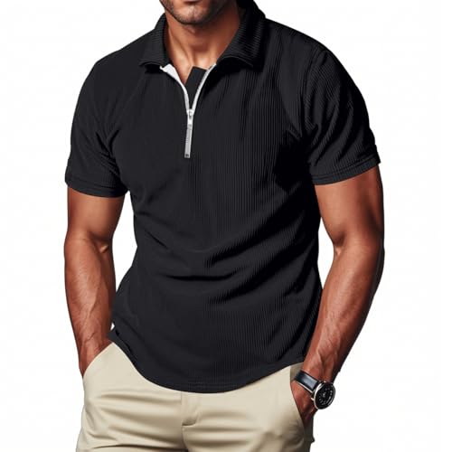 Allthemen Herren Poloshirt mit Reißverschluss Polo T-Shirts Kurzarm Polohemd Cord Sommer Golf Shirt Schwarz XXL von Allthemen