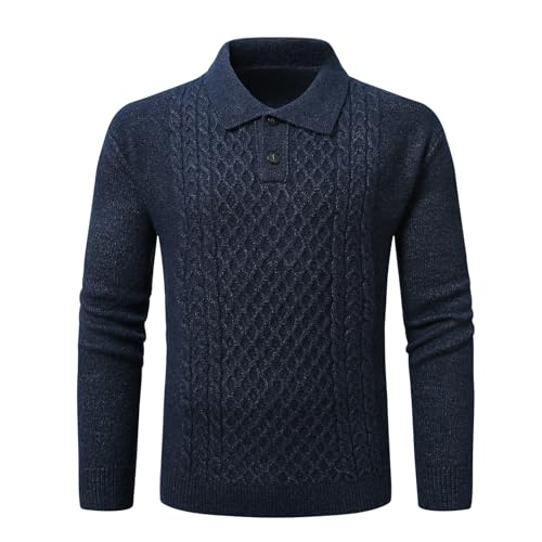 Allthemen Herren Pullover mit Kragen und Knopfleiste Sweater Zopfmuster Strickpullover Langarm Navyblau XL von Allthemen