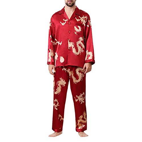 Allthemen Herren Satin Pyjama Schlafanzug Lang Hausanzug Nachtwäsche Langarm Shirt und Pyjamahose #18009 Rot L von Allthemen