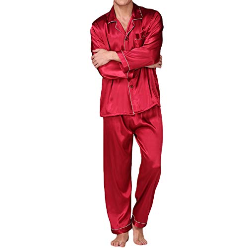 Allthemen Herren Satin Pyjama Schlafanzug Lang Hausanzug Nachtwäsche Langarm Shirt und Pyjamahose #89002 Rot XXL von Allthemen