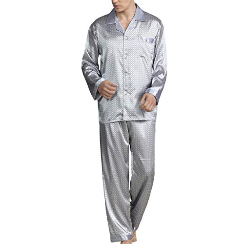 Allthemen Herren Satin Pyjama Schlafanzug Lang Hausanzug Nachtwäsche Langarm Shirt und Pyjamahose #89008 Grau L von Allthemen
