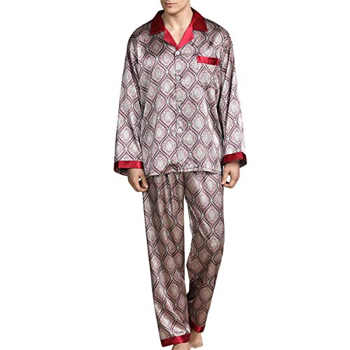 Allthemen Herren Satin Pyjama Schlafanzug Lang Hausanzug Nachtwäsche Langarm Shirt und Pyjamahose #89008 Rot XL von Allthemen