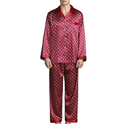 Allthemen Herren Satin Pyjama Schlafanzug Lang Hausanzug Nachtwäsche Langarm Shirt und Pyjamahose #89008 Rot1 S von Allthemen