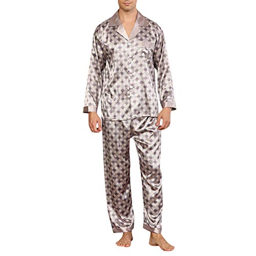 Allthemen Herren Satin Pyjama Schlafanzug Lang Hausanzug Nachtwäsche Langarm Shirt und Pyjamahose #89016 Grau M von Allthemen