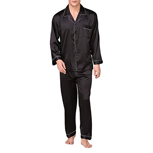 Allthemen Herren Satin Pyjama Schlafanzug Lang Hausanzug Nachtwäsche Langarm Shirt und Pyjamahose #89002 Schwarz S von Allthemen