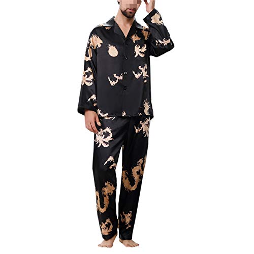 Allthemen Herren Satin Pyjama Schlafanzug Lang Hausanzug Nachtwäsche Langarm Shirt und Pyjamahose #18009 Schwarz L von Allthemen