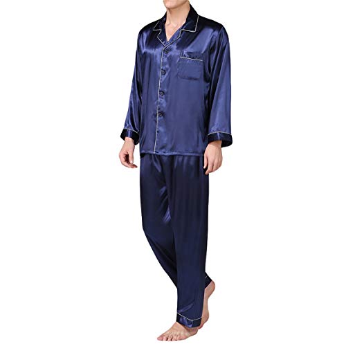 Allthemen Herren Satin Pyjama Schlafanzug Lang Hausanzug Nachtwäsche Langarm Shirt und Pyjamahose #89002 Blau1 S von Allthemen