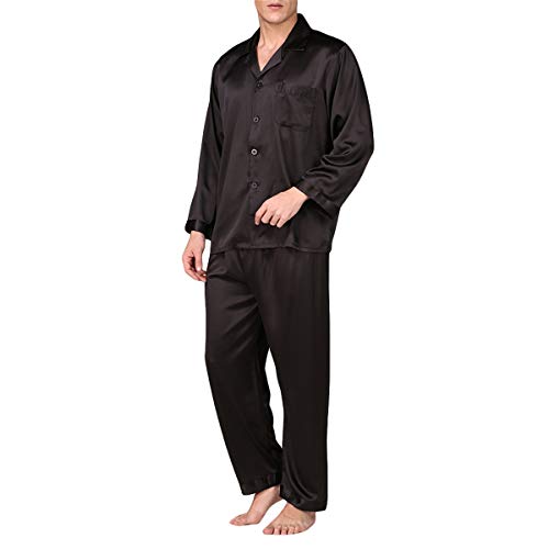 Allthemen Herren Satin Pyjama Schlafanzug Lang Hausanzug Nachtwäsche Langarm Shirt und Pyjamahose #89002 Schwarz1 M von Allthemen