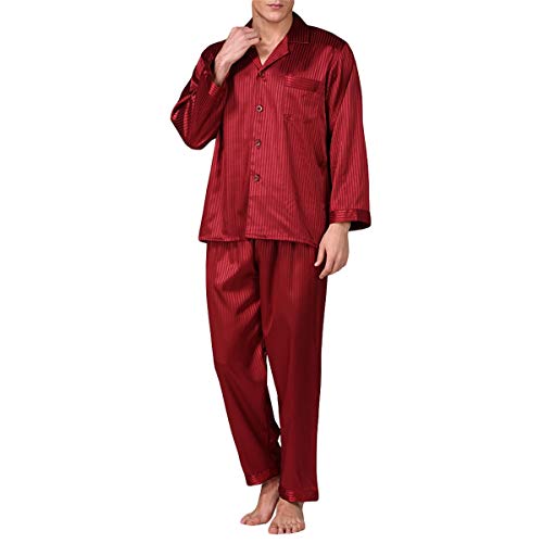 Allthemen Herren Satin Pyjama Schlafanzug Lang Hausanzug Nachtwäsche Langarm Shirt und Pyjamahose #89001 Rot M von Allthemen