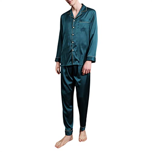 Allthemen Herren Satin Pyjama Schlafanzug Lang Hausanzug Zweiteiliger Nachtwäsche Langarm Shirt und Pyjamahose Blau2 L von Allthemen