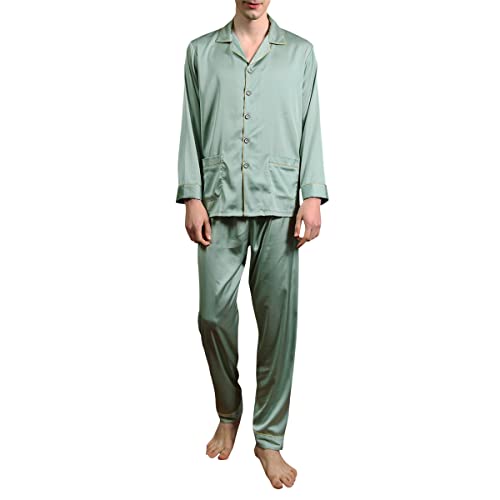Allthemen Herren Satin Pyjama Schlafanzug Lang Hausanzug Zweiteiliger Nachtwäsche Langarm Shirt und Pyjamahose Grün XL von Allthemen