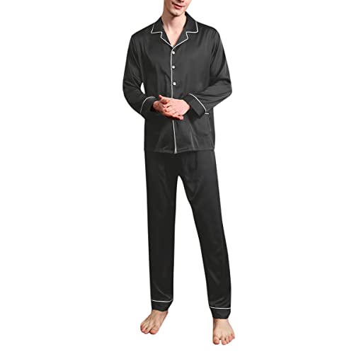 Allthemen Herren Satin Pyjama Schlafanzug Lang Hausanzug Zweiteiliger Nachtwäsche Langarm Shirt und Pyjamahose Schwarz XL von Allthemen